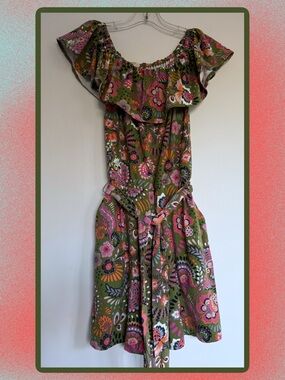 BODEN Off Shoulder Floral Ruffle Collar Olive Mini-Romper Size 4